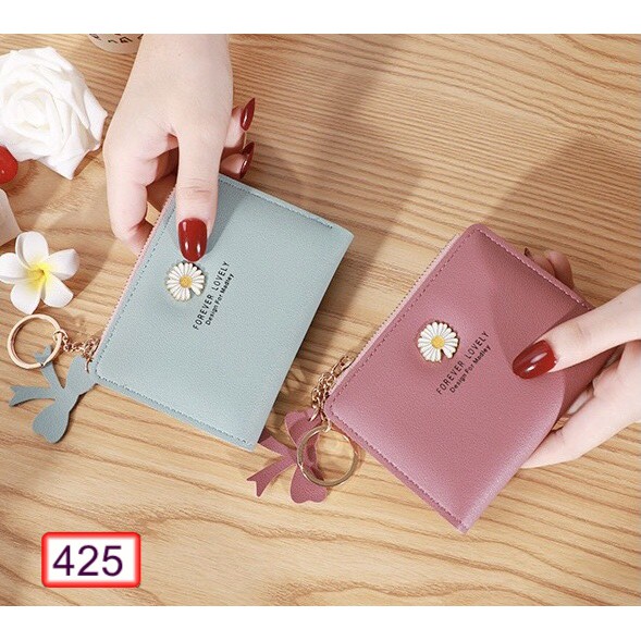 VÍ NGẮN NỮ CẦM TAY KHÓA KÉO DỌC HOA CÚC CÓ GẮN NƠ 425 CỰC ĐẸP