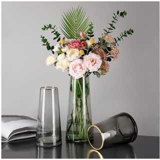 Bình Hoa Thủy Tinh Viền Vàng, Lọ Thủy Tinh cắm hoa cao 22cm, Bình cắm hoa trong suốt, lọ hoa thủy tinh decor