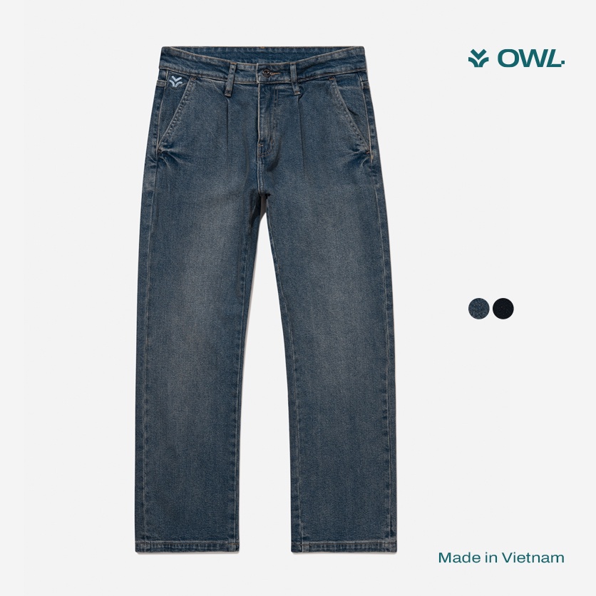 OWL BRAND® PLEATED RELAX JEANS - Quần jeans nam, dài xếp ly ống rộng / Xanh