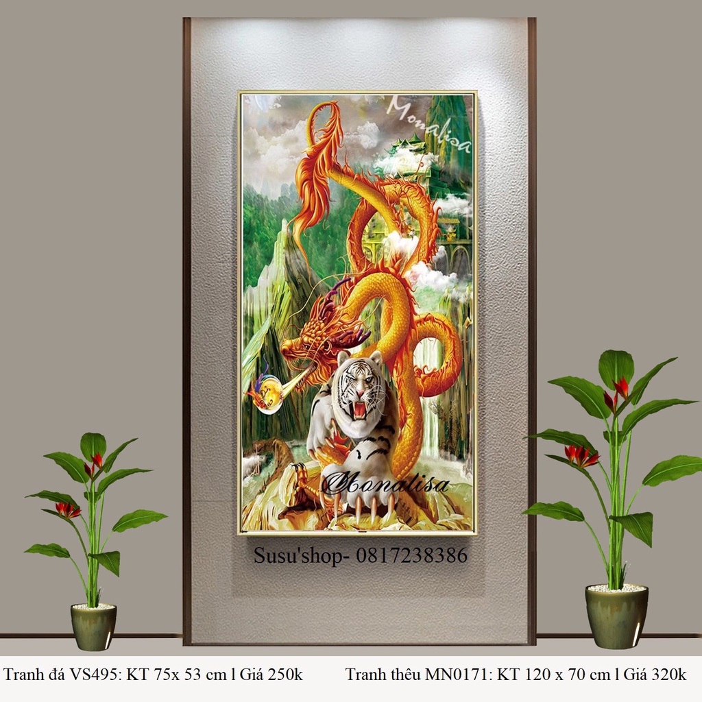 Tranh thêu chữ thập ( giá sỉ) Rồng cuộn Hổ ngồi MN0171(120x70cm), Tranh đá VS495 (75x53cm)