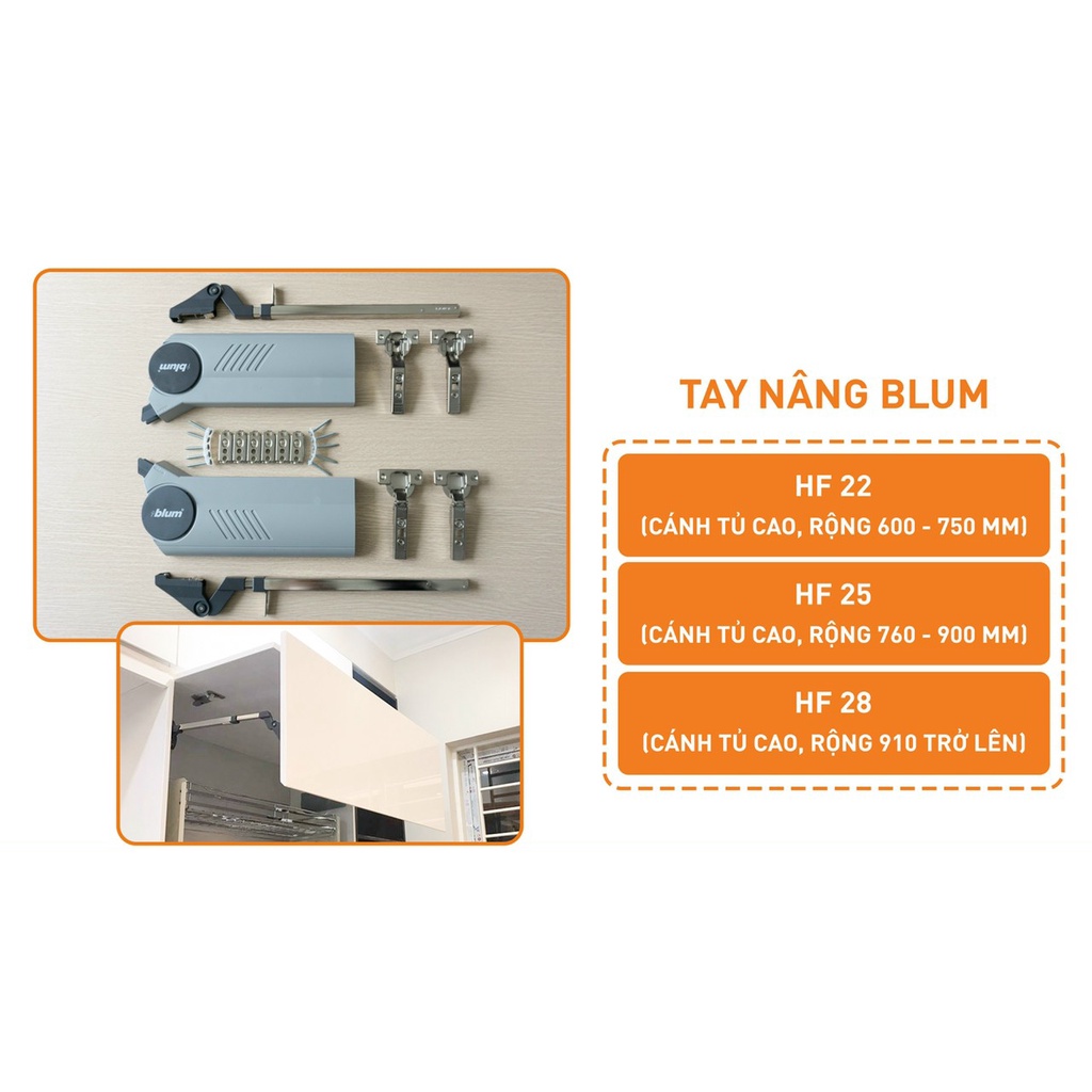 Tay nâng cánh tủ Blum HF25, HF22, HF28, Tay thủy lực nâng hai cánh tủ bếp