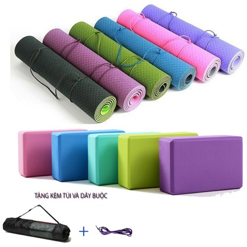 Combo Thảm Tập Yoga TPE 6mm 2 lớp + Gối Tập Yoga PVC (Tặng Kèm Túi Và Dây Yoga)