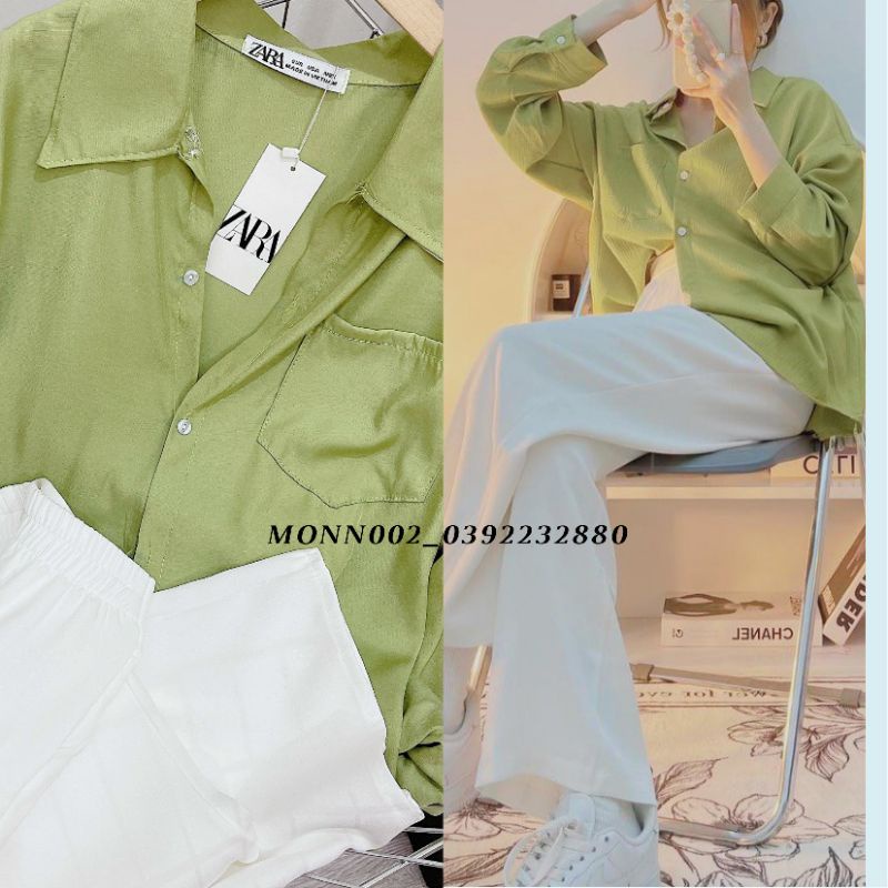 Set Áo sơ mi xanh, quần ống rộng trắng dễ thương.Bộ đồ nữ xinh xắn, cao cấp.Sơ mi túi hộp thụng, quần suông💚