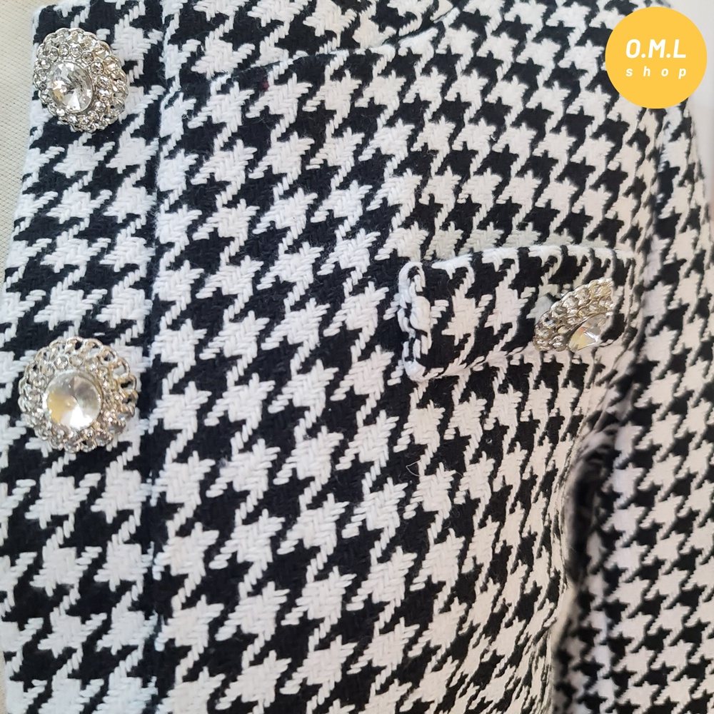 Áo khoác tweed ngắn họa tiết houndstooth nút đá cổ điển, thanh lịch