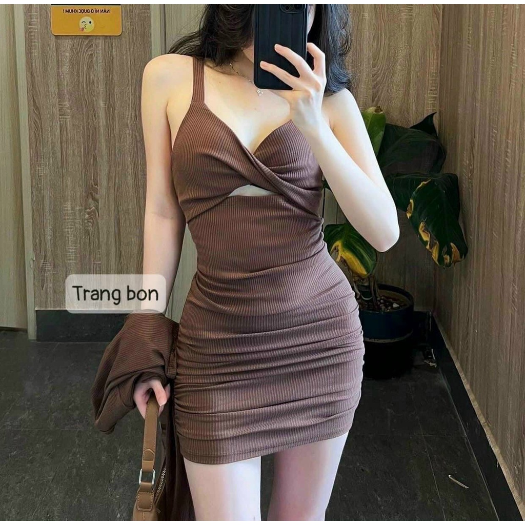 Set bộ nữ 2 món đầm 2 dây body xoắn ngực dáng ngắn kèm áo khoác hot