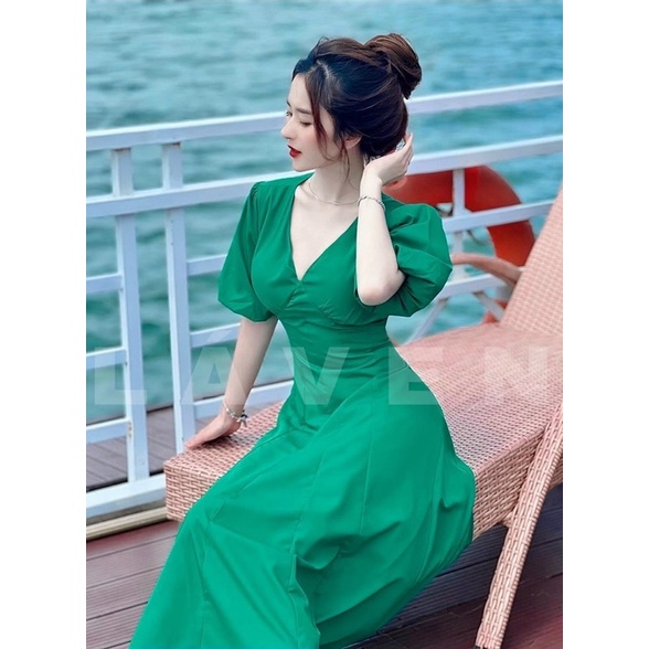 Đầm thời trang nữ mặc đi biển chất lụa cao cấp 2 lớp cổ v cột nơ sau lưng màu xanh lá