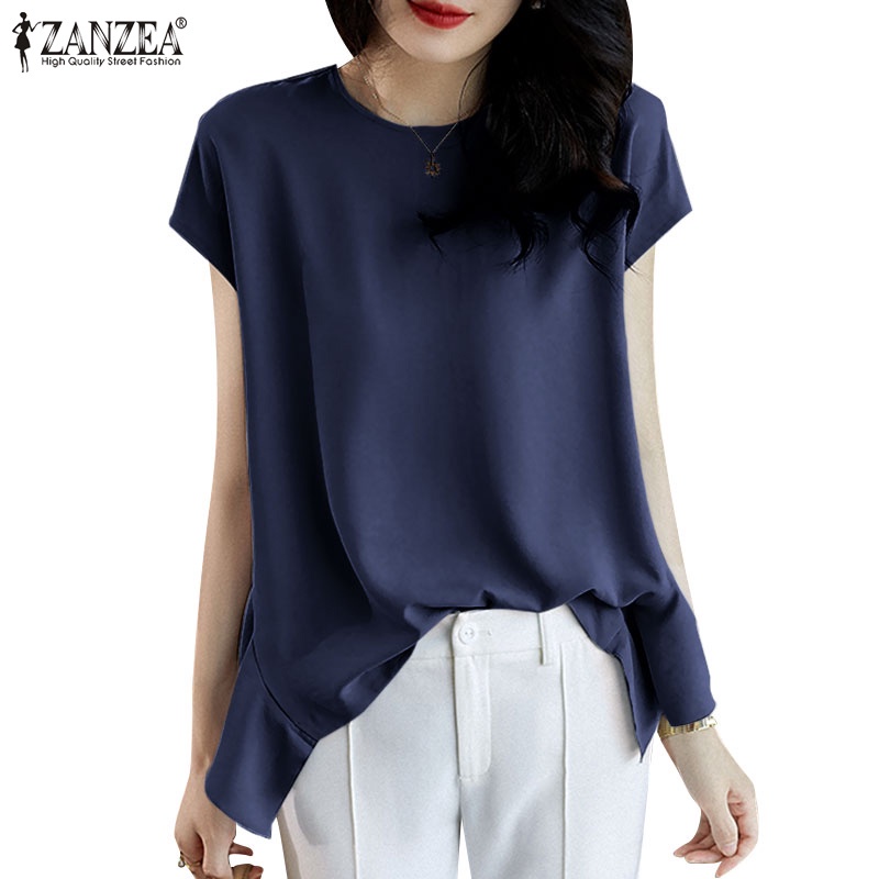 ZANZEA Áo Kiểu Tay Ngắn Cổ Tròn Cài Nút Sau Lưng Thời Trang Cho Nữ
