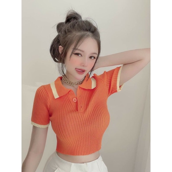 Áo len montoghi mỏng dáng croptop cổ bẻ