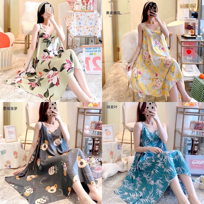 Váy lanh Quảng Châu hai dây họa tiết trẻ trung, thời trang