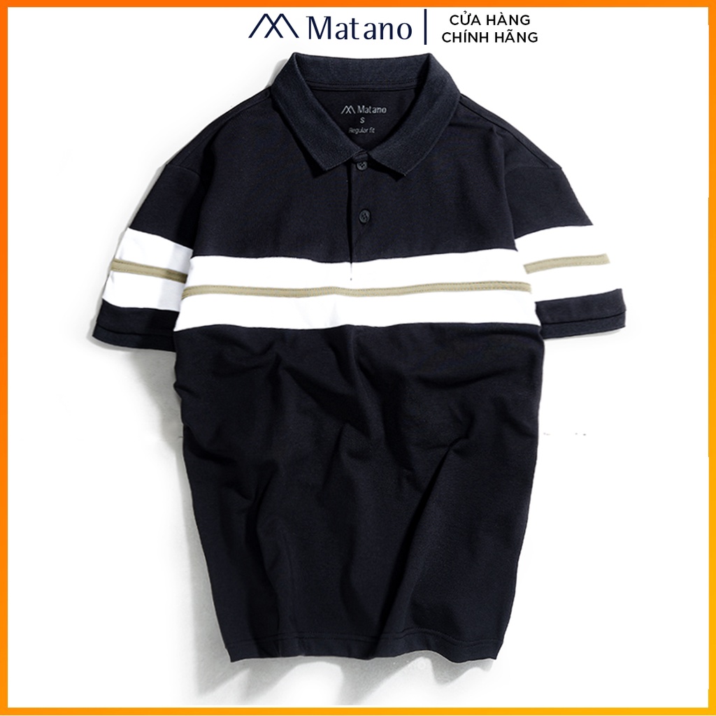 Áo thun polo nam đen có cổ đẹp MATANO - Áo phông polo nam cổ trụ bẻ, vải cá sấu cotton cao cấp, phối màu kẻ ngang 024