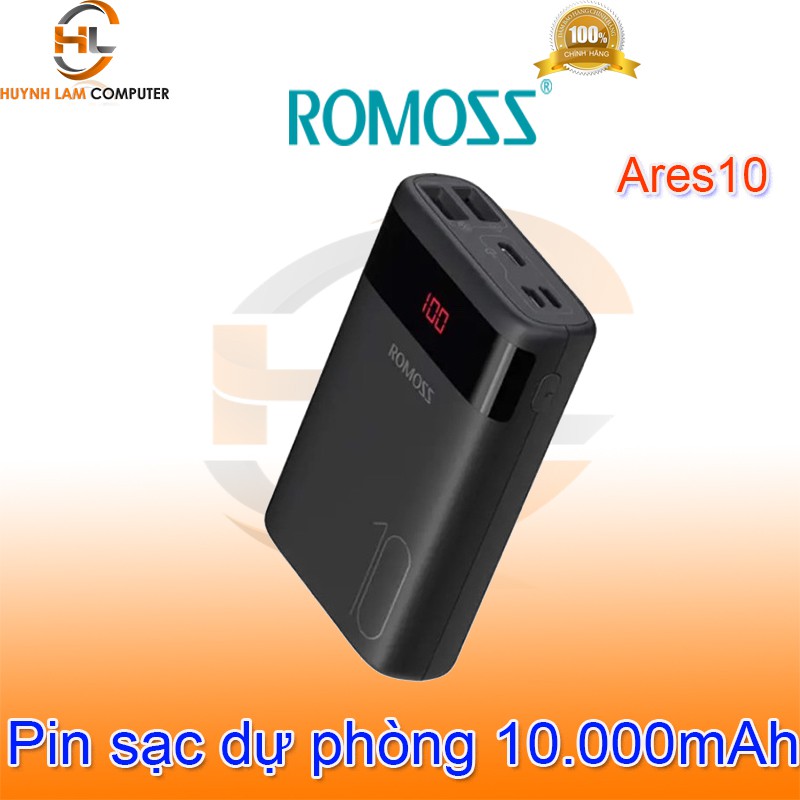 PIN SẠC DỰ PHÒNG 10.000mAh ROMOSS ARES 10 MÀN HÌNH LED 3 CỔNG INPUT MICRO - LIGHTNING - TYPE C