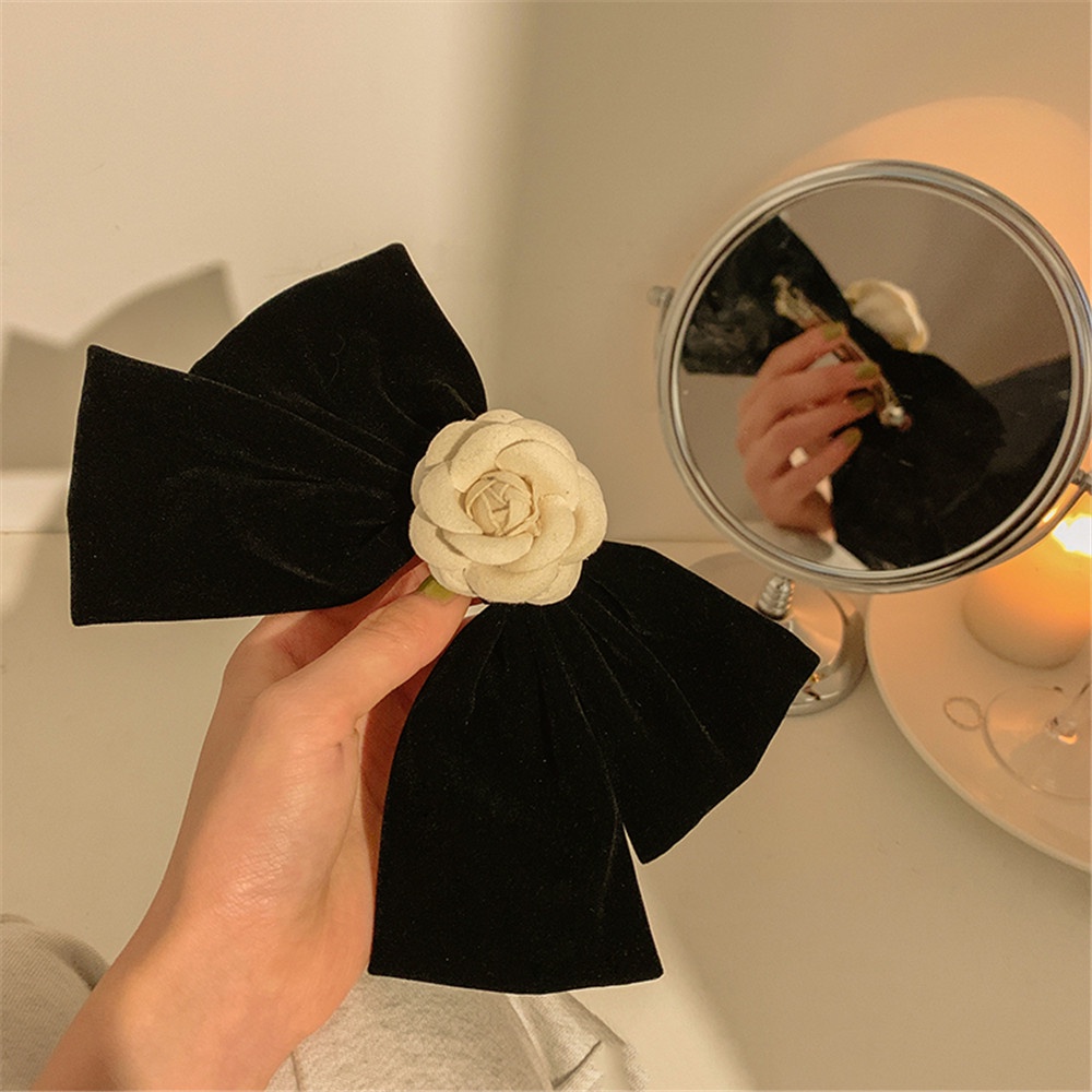 Kẹp tóc nơ bằng nhung màu đen phong cách vintage thời trang