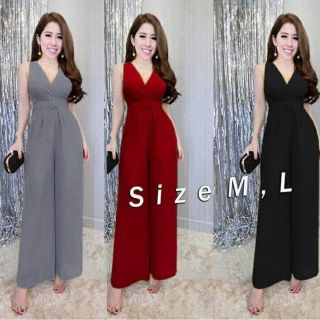 Jumpsuit đồ bay liền dài ống rộng cổ V kèm belt giống Lọ Lem