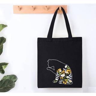 Túi tote vải linen thêu tay họa tiết mèo