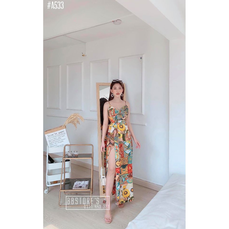 Váy maxi 2 dây thổ cẩm xẻ tà sexy Maxi Thổ Cẩm - MSA533[ ANH MẪU SHOP]