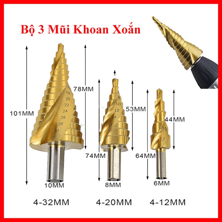 Bộ 3 mũi khoan nón, mũi khoan tầng, mũi khoan bước xoắn thép gió HSS phủ titan