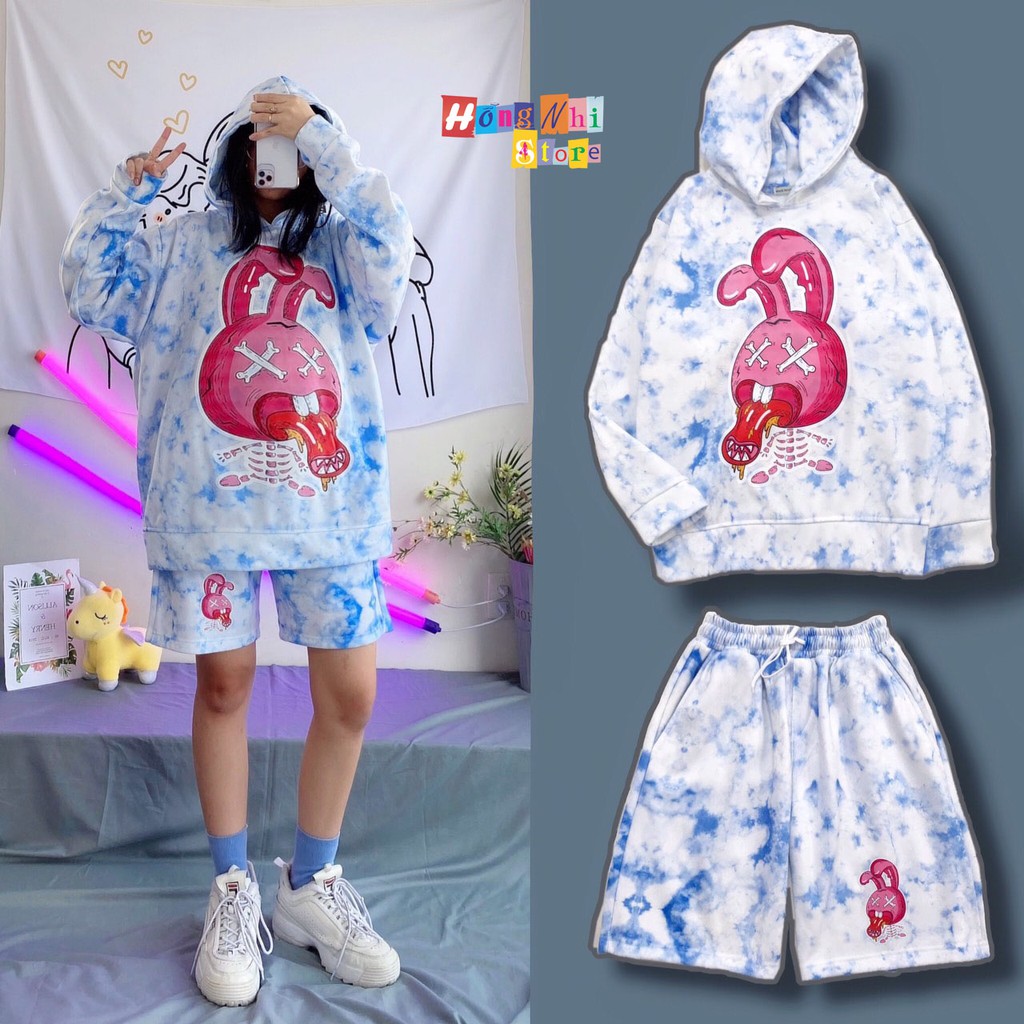 Set Áo Hoodie 3D In Hình Unisex Dáng Rộng Kèm Quần Short - Set Bộ Hoodie Loang Màu - MM