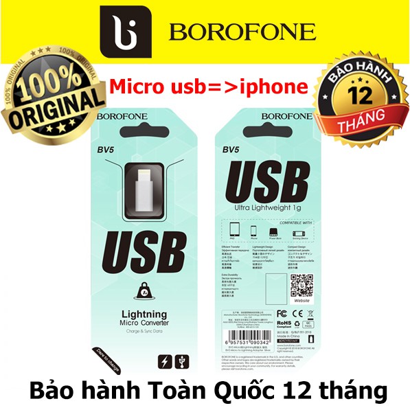 Đầu chuyển Micro usb thành Lighting chính hãng Borofone BV5