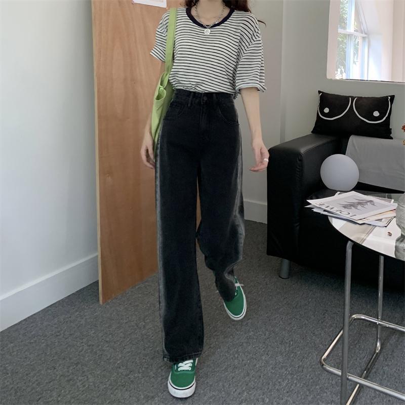 Quần Jean Ống Rộng Màu Đen Lưng Cao Họa Tiết Kẻ Sọc Phong Cách Hàn Quốc Thời Trang Cho Nữ