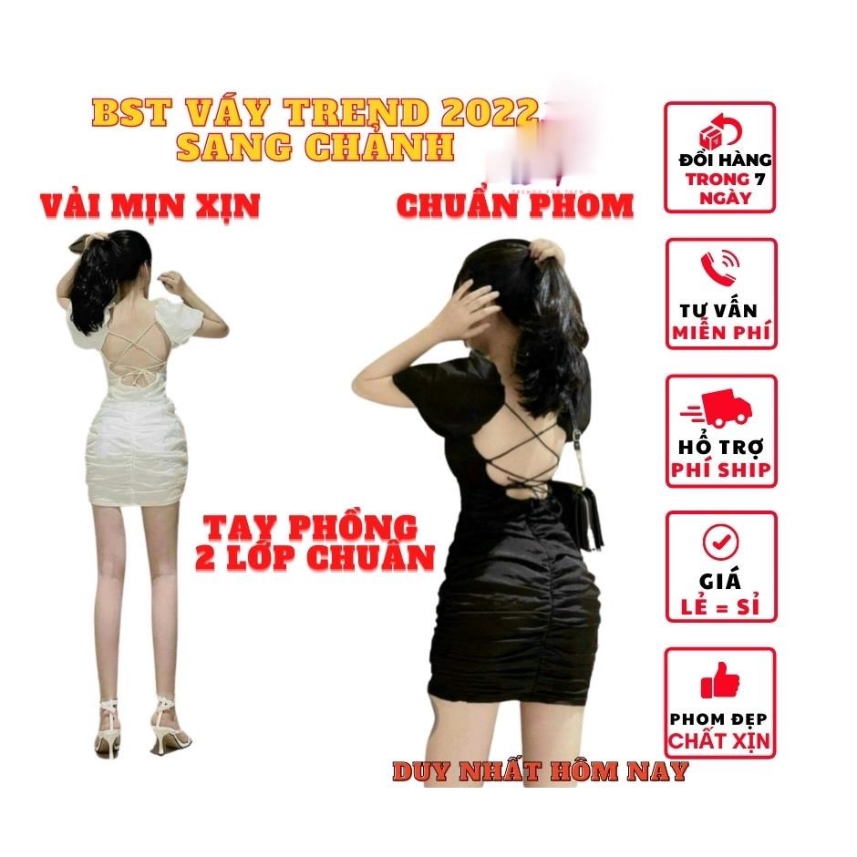 Váy đầm nữ hở lưng đan dây ôm body tay ngắn cổ vuông màu đen thun cotton dự tiệc sanh chảnh mẫu dễ thương alohashop91