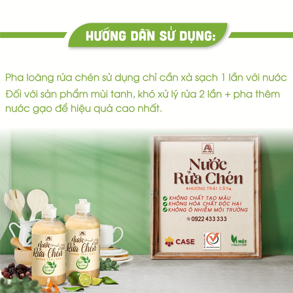 Nước rửa chén hữu cơ bồ hòn, Nước Rửa Bát An An 500ml, không chất tẩy rửa an toàn mọi da tay