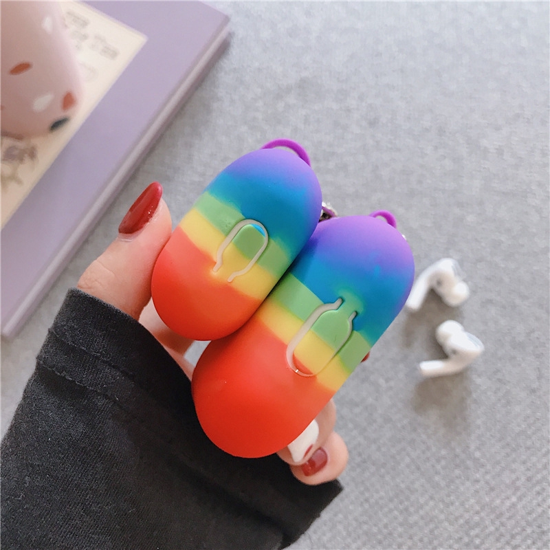 Vỏ Bảo Vệ Hộp Sạc Tai Nghe Airpods Pro Không Dây Chất Liệu Tpu Mềm Họa Tiết Cầu Vồng Nhiều Màu Kèm Móc Khóa