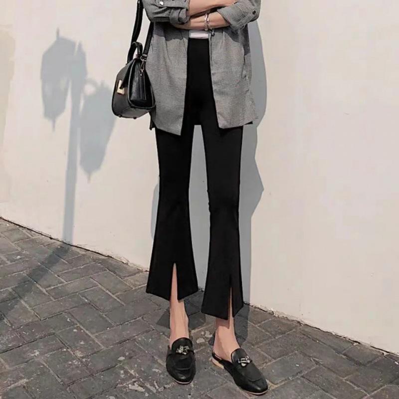 Quần bò ống loe cạp cao xẻ tà CHAT đen trơn vải jean giấy co giãn Q57