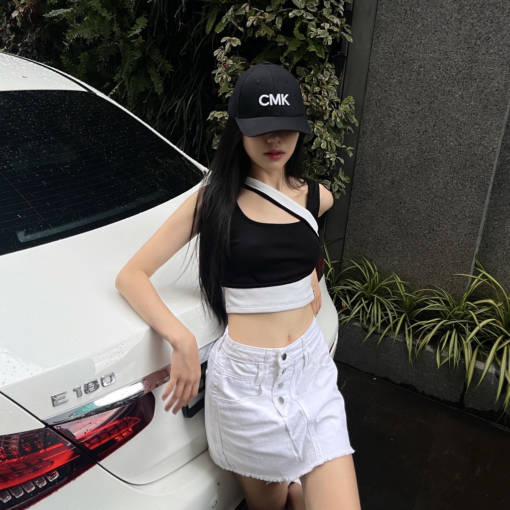 Áo croptop chéo vai CHIC MONKI chất thun gân mềm đẹp - CAT08