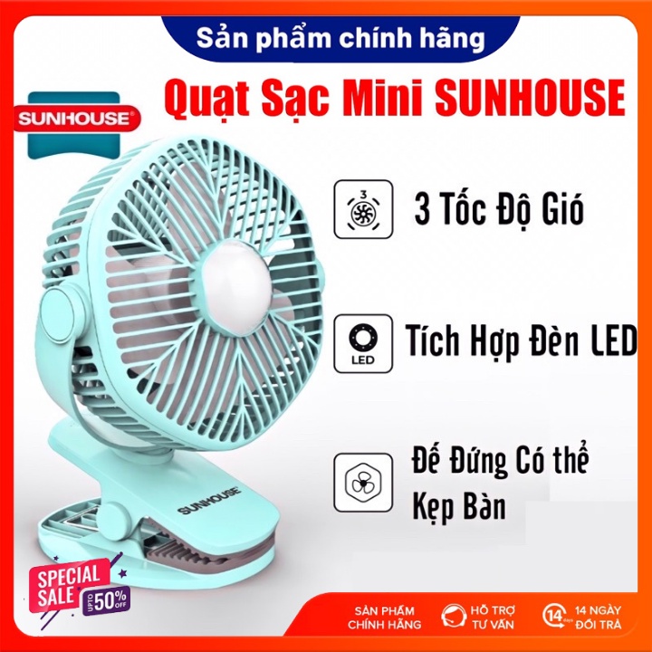 Quạt mini sạc điện SUNHOUSE SHD7111 Dạng Kẹp - Tích Hợp Đèn Ngủ-Thời gian sử dụng lâu (Bảo Hành 12 tháng)