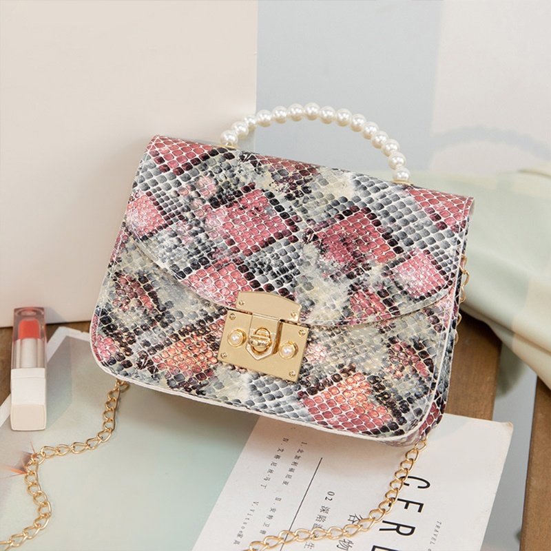 Túi Xách Da Pu Dáng Vuông Nhỏ Vân Da Rắn Phối Dây Xích Thời Trang Cao Cấp