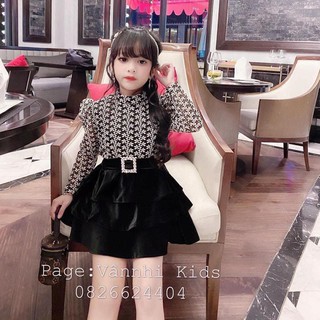 Set áo tay bồng cv nhung tầng chanh xả bé gái