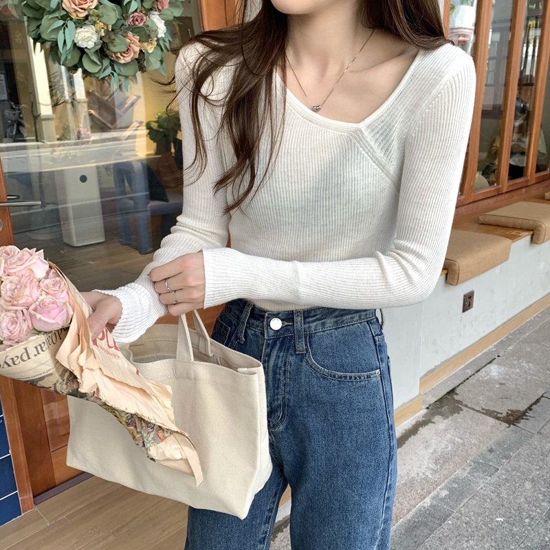 【out of stock】Áo dệt kim 45504 tay dài cổ lệch màu trơn phong cách thanh lịch dễ thương cho nữ | BigBuy360 - bigbuy360.vn