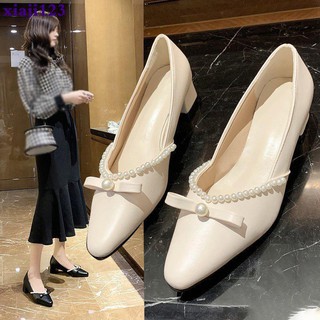 Giày Cao Gót Da Mềm Mũi Vuông Đính Nơ Phong Cách Retro Anh Quốc