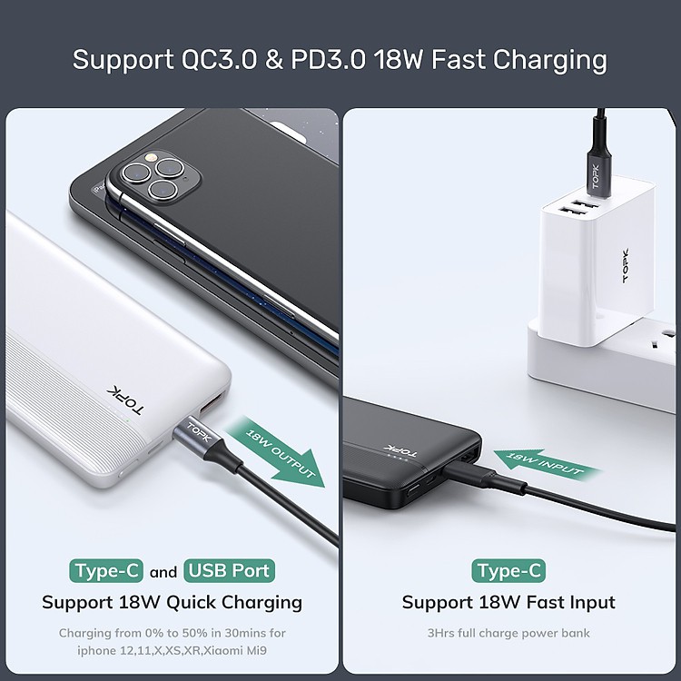 Sạc dự phòng TOPK I1015P 10.000 mAh (sạc nhanh 18W, BH 1 năm)