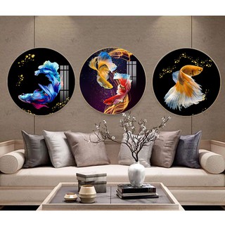 [ SALE VÔ ĐỊCH] Bộ 3 bức tranh tròn tráng gương khung vàng sang trọng- mẫu Cá Koi