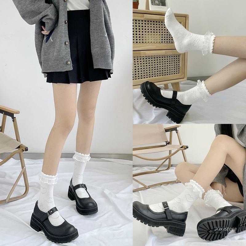 Xixi Đôi Vớ Cotton Phối Ren Nhún Bèo Thoải Mái Dành Cho Nữ