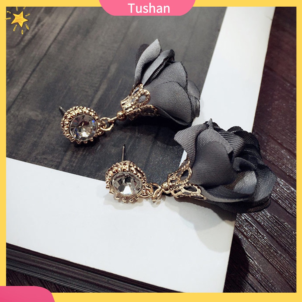 TUSH Fashion Women Rhinestone Inlay Flower Dangle Drop Ear Stud Earrings Jewelry Gift