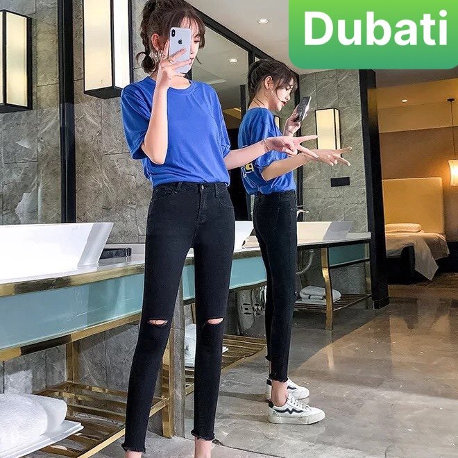 QUẦN JEAN NỮ ỐNG BÓ LƯNG CAO CHẤT CO GIÃN SIÊU XINH RÁCH GỐI - DB 119- DUBATI FASHION