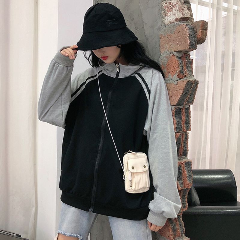 Áo khoác dáng rộng cổ cao phối khoá kéo cho phái nữ