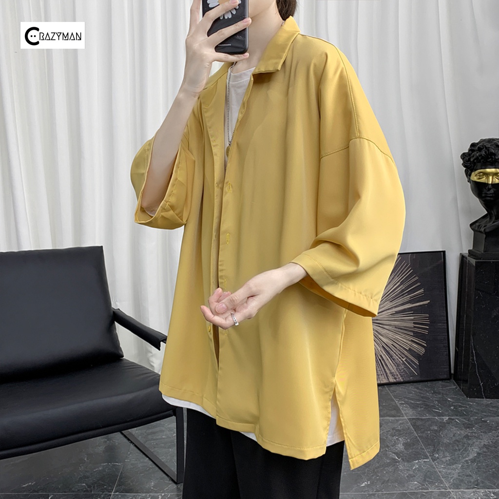 Áo sơ mi cổ vest unisex tay lỡ, áo sơ mi tay ngắn nam nữ form rộng chất vải lụa mịn chống nhăn