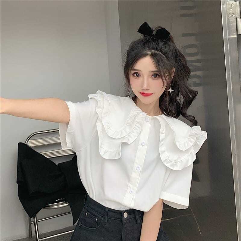 Áo sơ mi babydoll tay ngắn dáng rộng màu trắng trơn phong cách Hàn Quốc thời trang