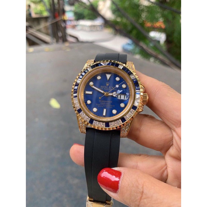 Đồng hồ Nam Rolex dây cao su máy nhật dòng cơ Automatic mặt đá xanh vành xanh đá vỏ vàng size 41mm