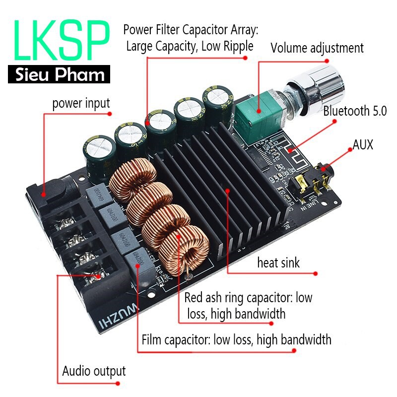 Mạch Khuếch Đại Âm Thanh HIFI Bluetooth 5.0 2x100W ZK-1002