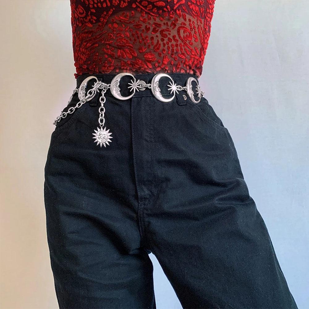 FORBETTER Dây Đeo Thắt Lưng Thời Trang Harajuku Mặt Trời Mặt Trăng Phong Cách Gothic