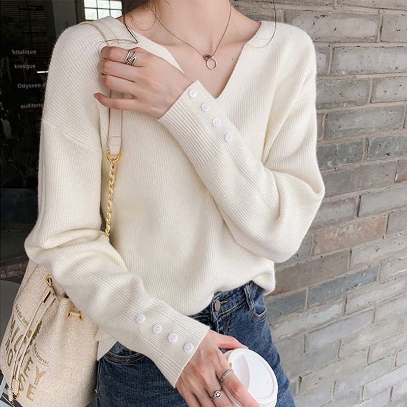 Áo len mềm mại tay dài cổ chữ V dáng rộng phong cách Hàn Quốc thời trang thu đông dành cho nữ