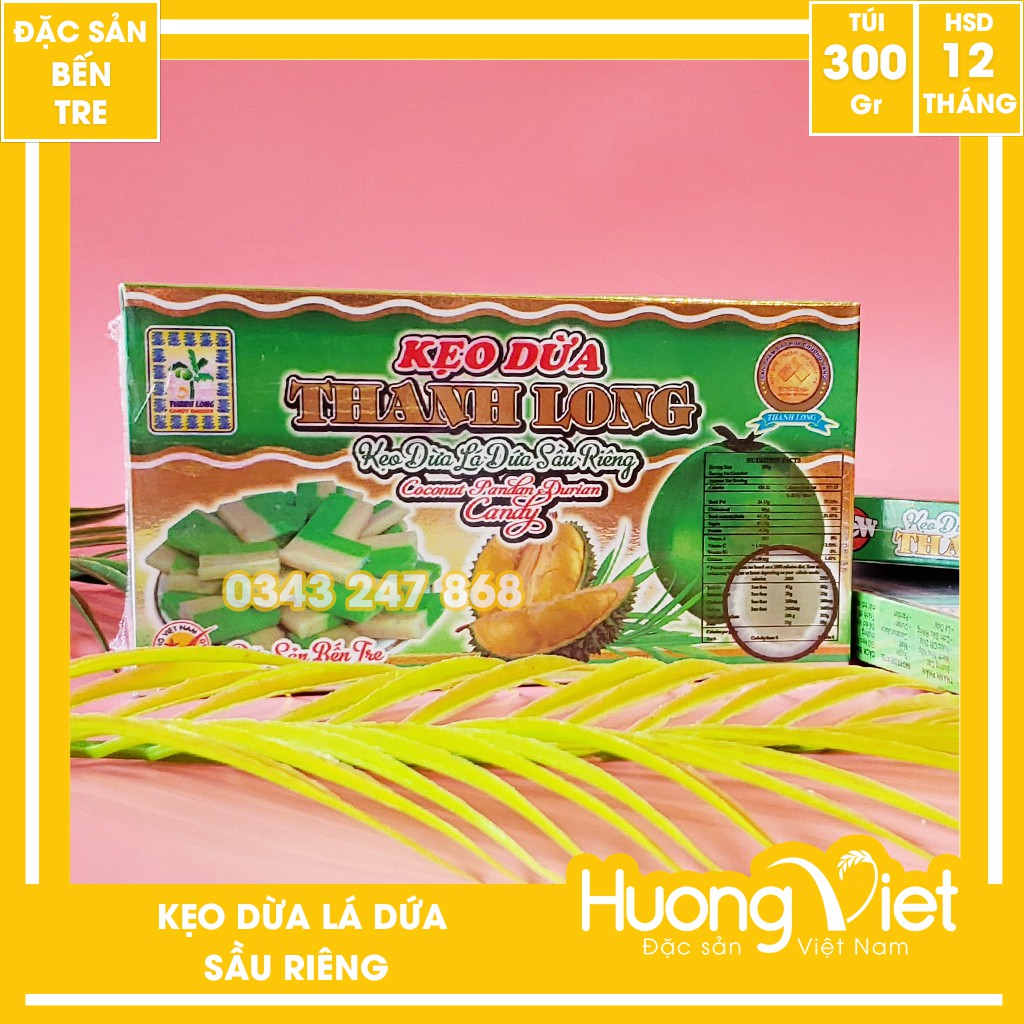 Kẹo dừa lá dứa sầu riêng Thanh Long 300g, kẹo dừa Bến Tre gia truyền