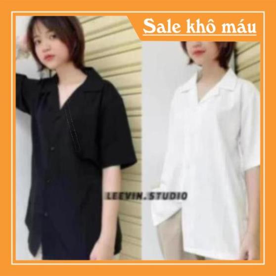 Áo sơ mi ngắn tay Nam Nữ Cổ Vest TRƠN trắng và đen - Kiểu sơ mi tay ngắn form rộ