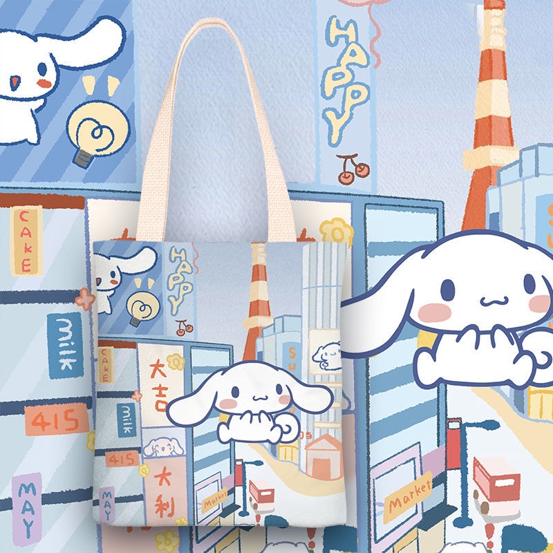 Sanrio Cinnamoroll canvas bag Túi vải túi một vai cô gái túi xách túi học sinh túi zipper túi túi môi trường