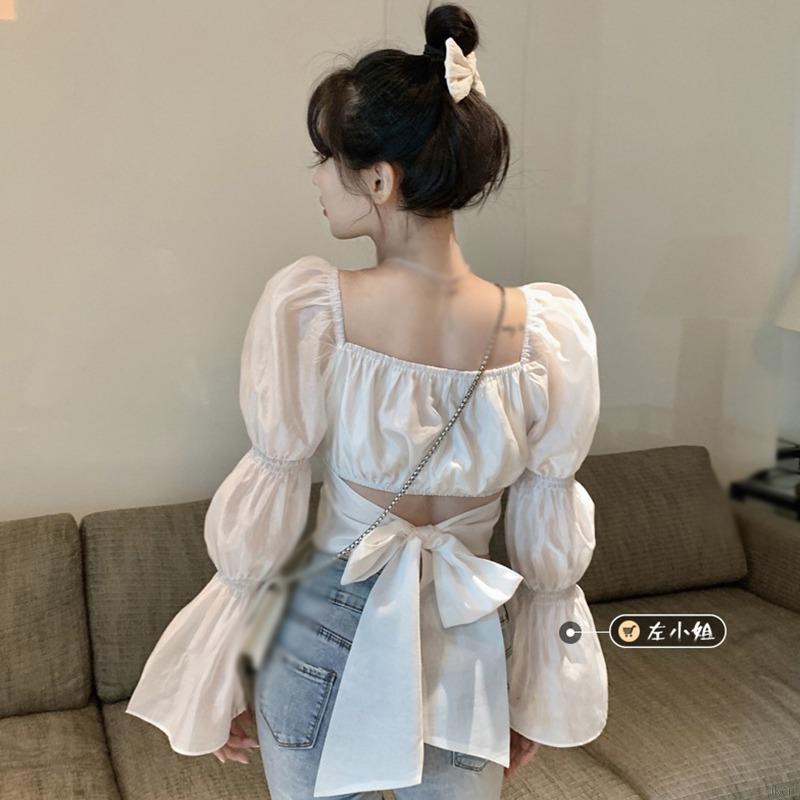 Áo Croptop Tay Dài Chất Chiffon Phối Nơ Thiết Kế Cổ Vuông Thanh Lịch
