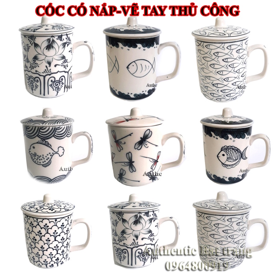 Cốc sứ uống trà có nắp Oanh Gia Authentic Bat Trang - Sản phẩm vẽ tay thủ công 100% dung tích 350ml